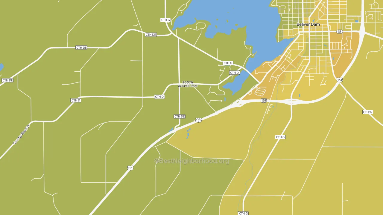 Map of the best neighborhoods in the South Beaver Dam area, with better matches in green and worse matches in red