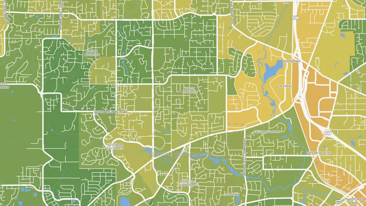 Map of the best neighborhoods in the South Beaverton, Beaverton area, with better matches in green and worse matches in red