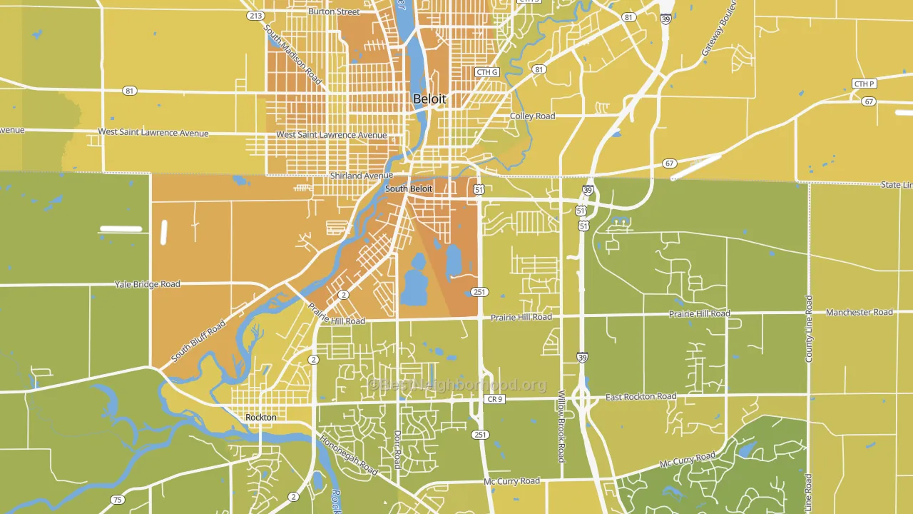 Map of the best neighborhoods in the South Beloit area, with better matches in green and worse matches in red