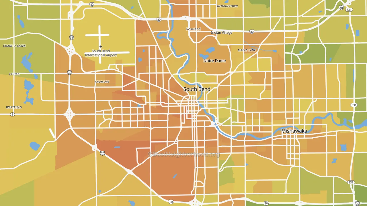 Map of the best neighborhoods in the South Bend Metro area, with better matches in green and worse matches in red