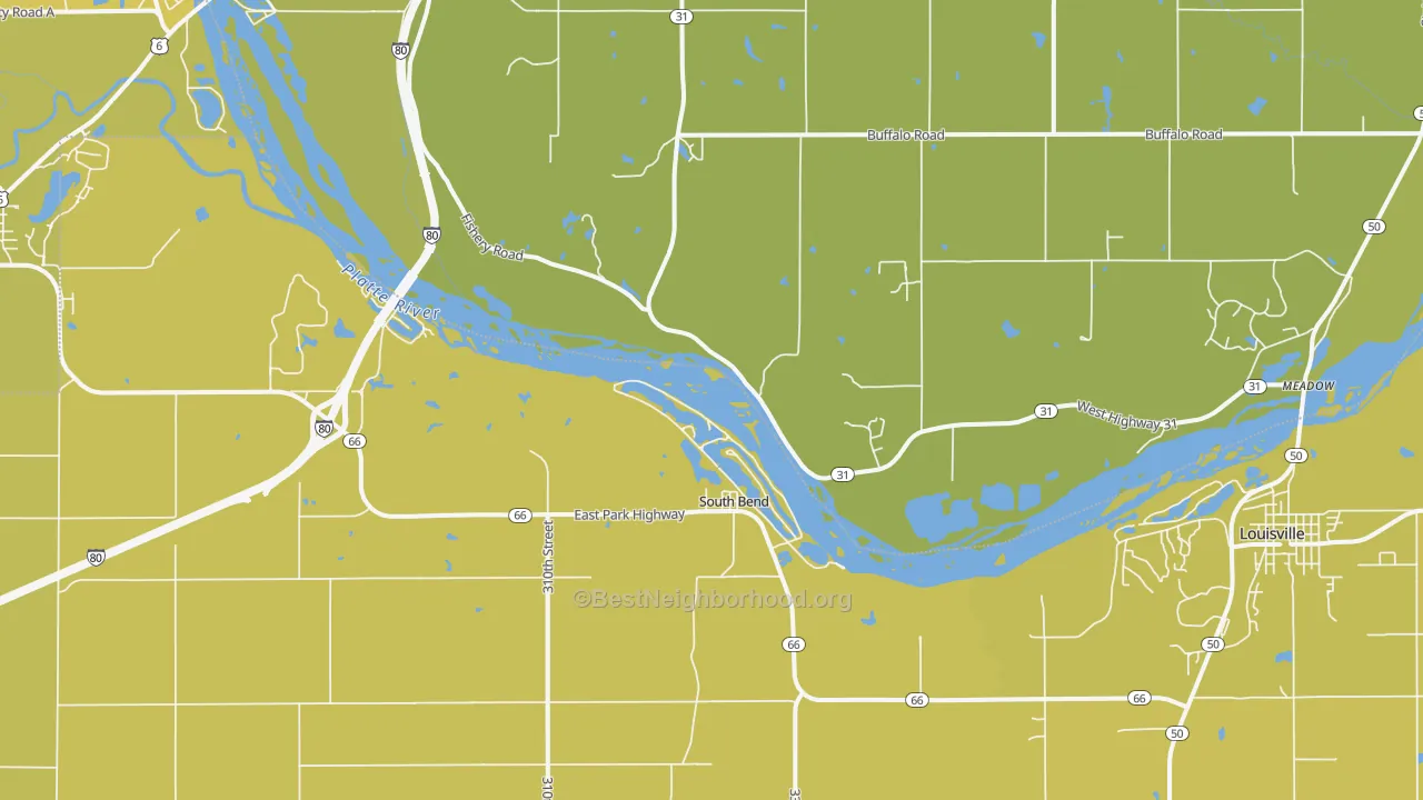 Map of the best neighborhoods in the South Bend area, with better matches in green and worse matches in red
