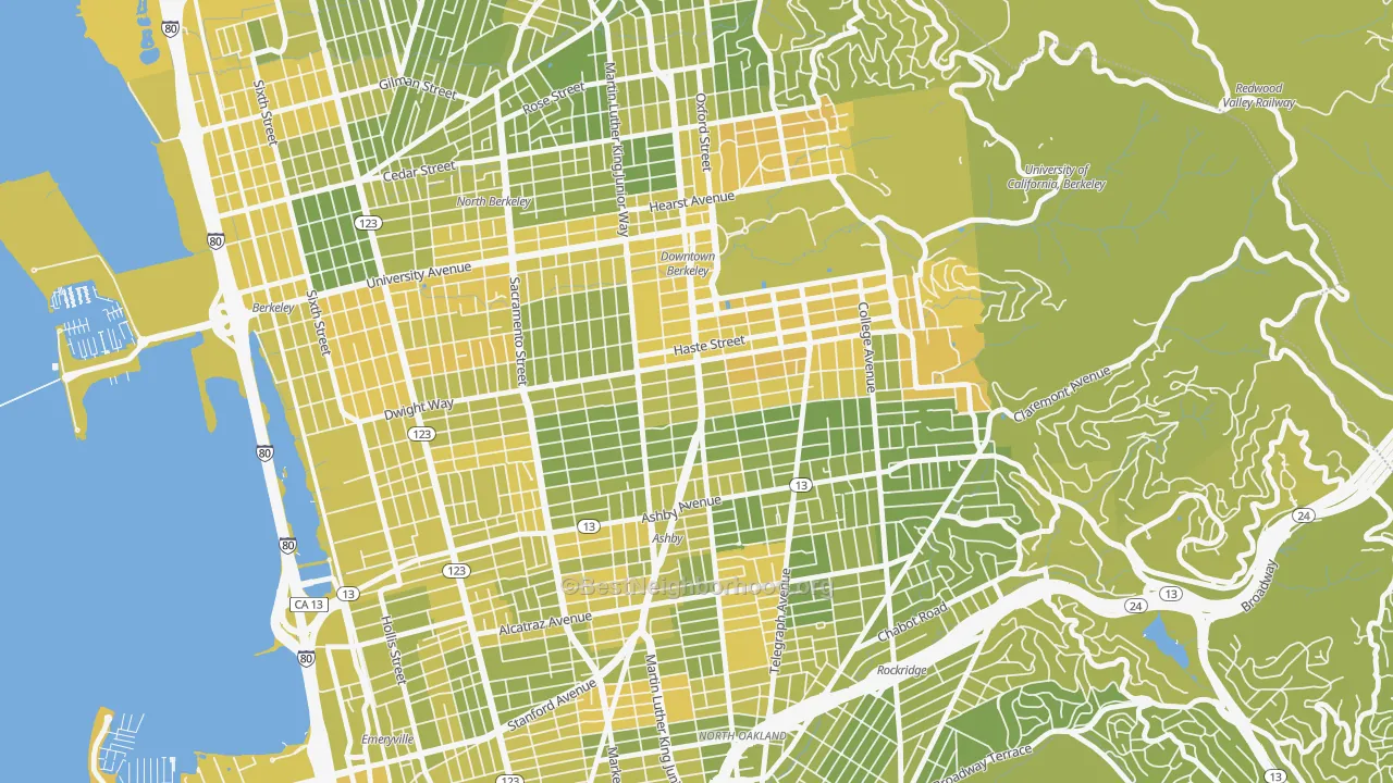 Map of the best neighborhoods in the South Berkeley, Berkeley area, with better matches in green and worse matches in red