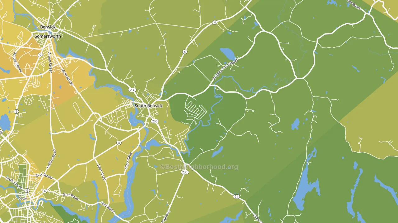 Map of the best neighborhoods in the South Berwick area, with better matches in green and worse matches in red