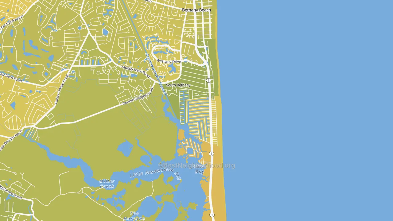 Map of the best neighborhoods in the South Bethany area, with better matches in green and worse matches in red
