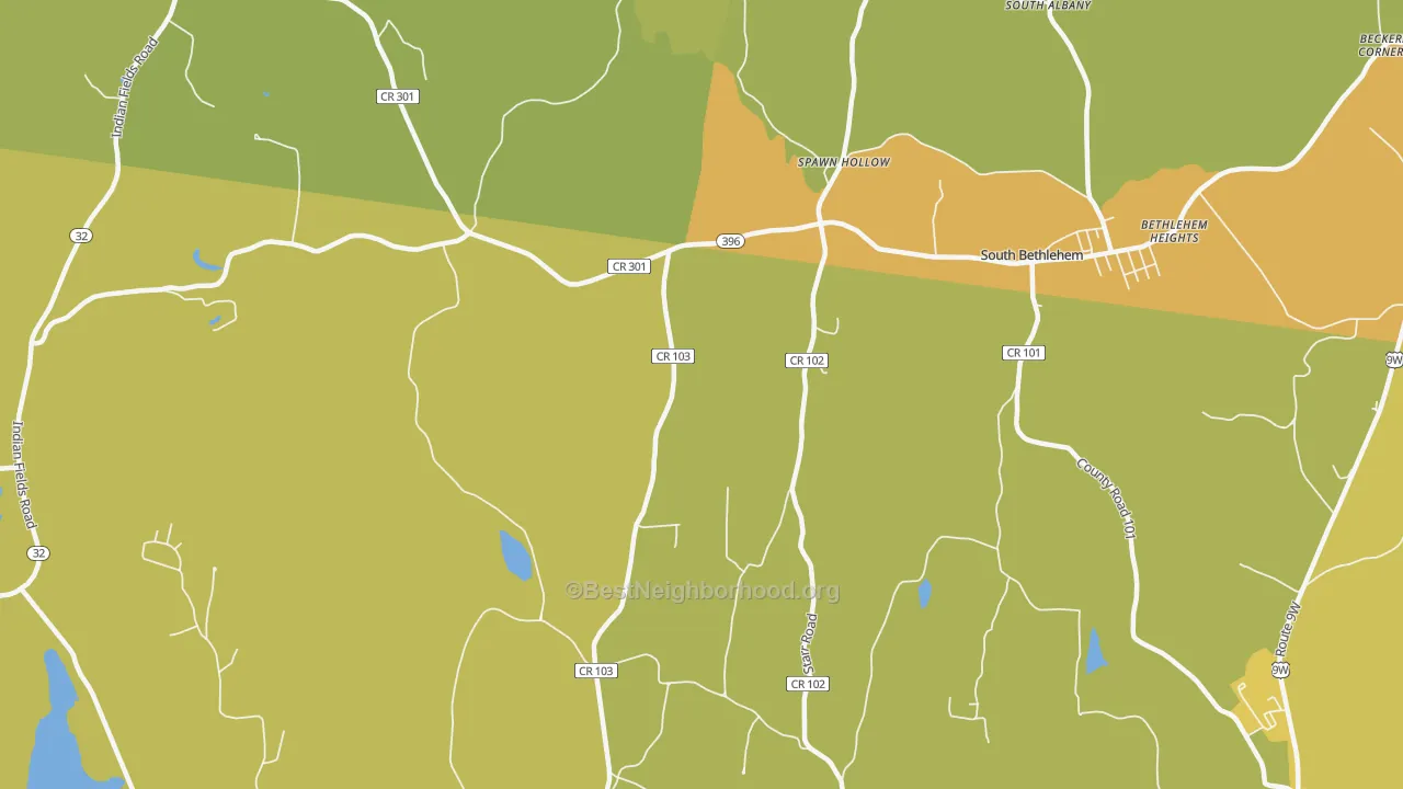 Map of the best neighborhoods in the South Bethlehem area, with better matches in green and worse matches in red