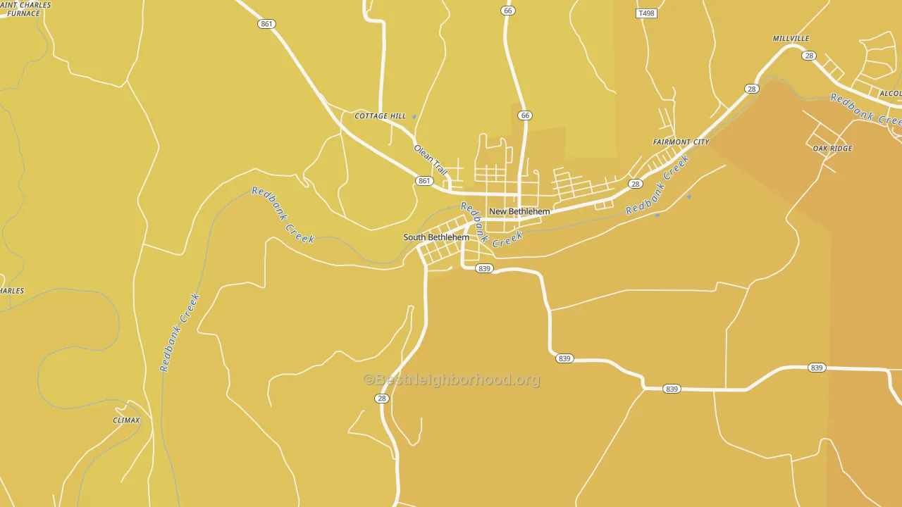 Map of the best neighborhoods in the South Bethlehem area, with better matches in green and worse matches in red