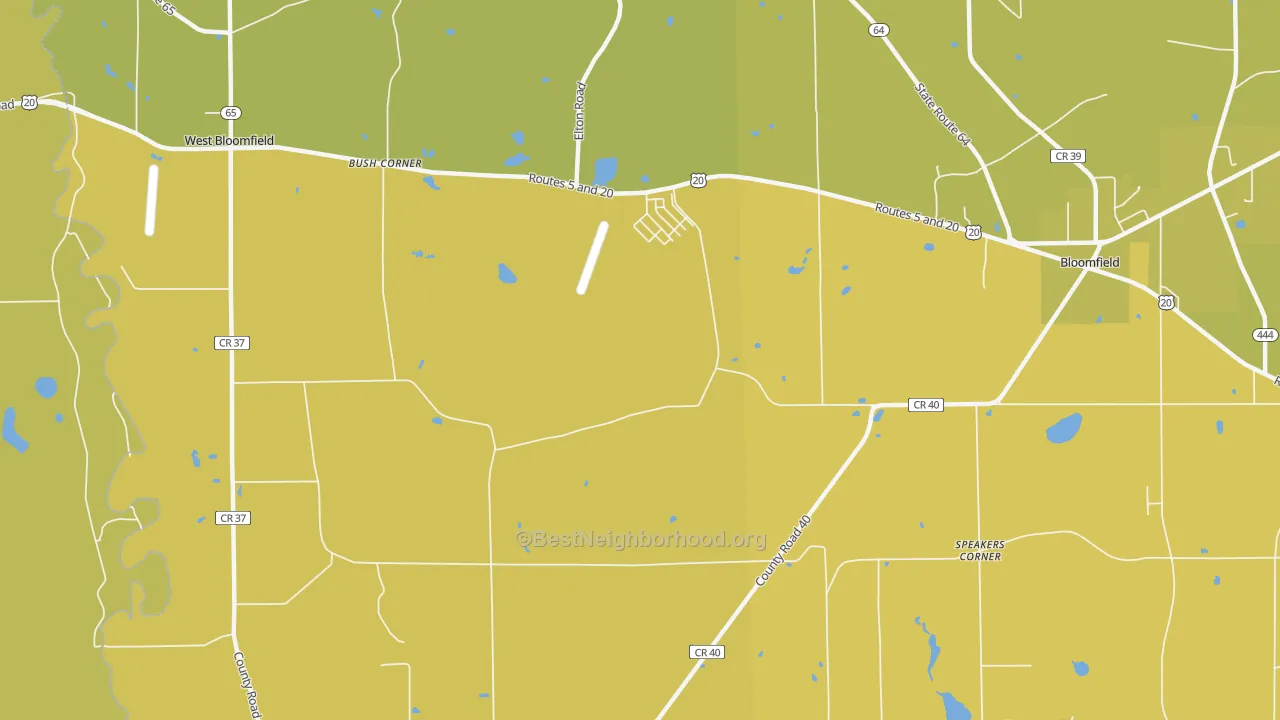 Map of the best neighborhoods in the South Bloomfield area, with better matches in green and worse matches in red