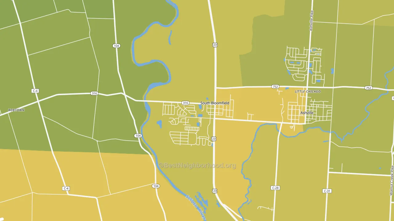 Map of the best neighborhoods in the South Bloomfield area, with better matches in green and worse matches in red