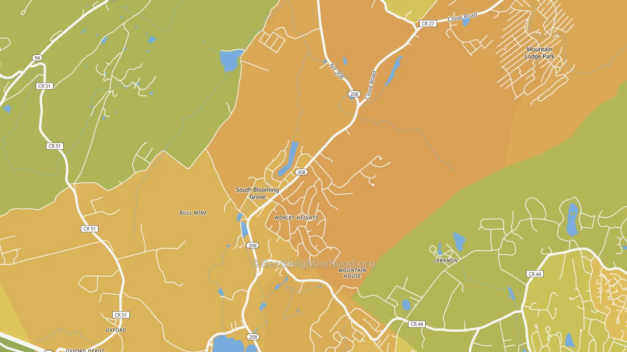 Map of the best neighborhoods in the South Blooming Grove area, with better matches in green and worse matches in red