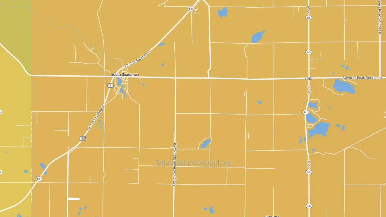 Map of the best neighborhoods in the South Boardman area, with better matches in green and worse matches in red