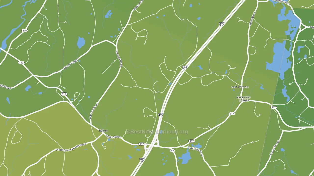 Map of the best neighborhoods in the South Bolton area, with better matches in green and worse matches in red