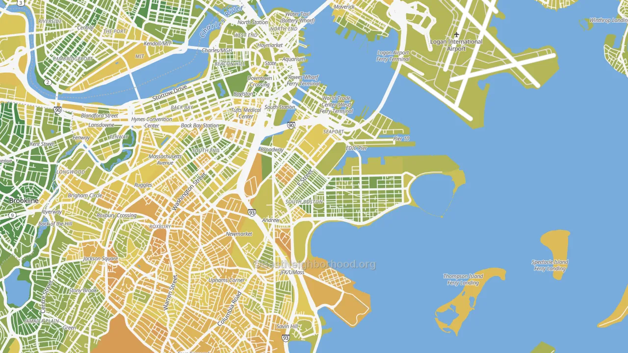 Map of the best neighborhoods in the South Boston, Boston area, with better matches in green and worse matches in red
