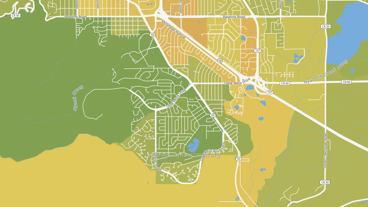 Map of the best neighborhoods in the South Boulder, Boulder area, with better matches in green and worse matches in red