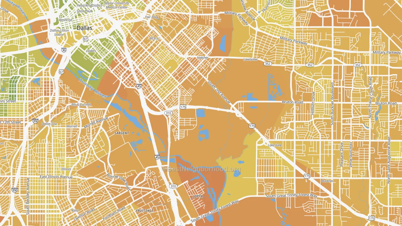 Map of the best neighborhoods in the South Boulevard Park Row, Dallas area, with better matches in green and worse matches in red