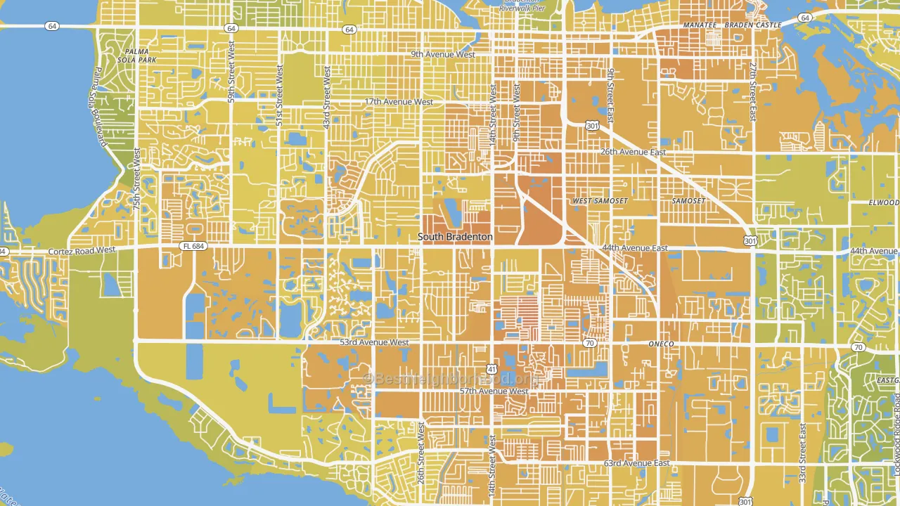 Map of the best neighborhoods in the South Bradenton area, with better matches in green and worse matches in red