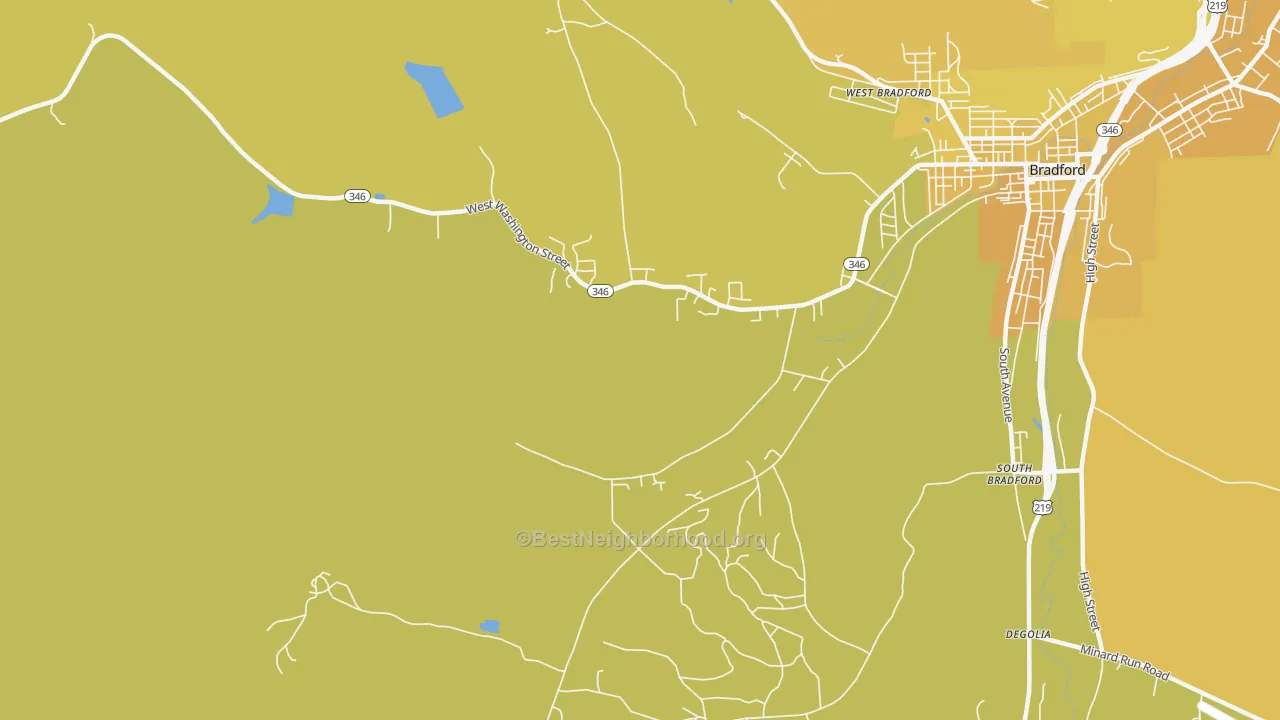 Map of the best neighborhoods in the South Bradford area, with better matches in green and worse matches in red