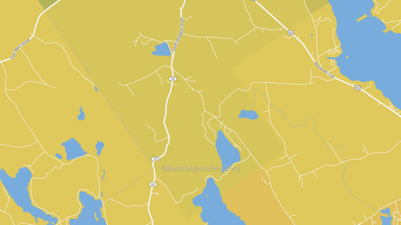 Map of the best neighborhoods in the South Bridgton area, with better matches in green and worse matches in red