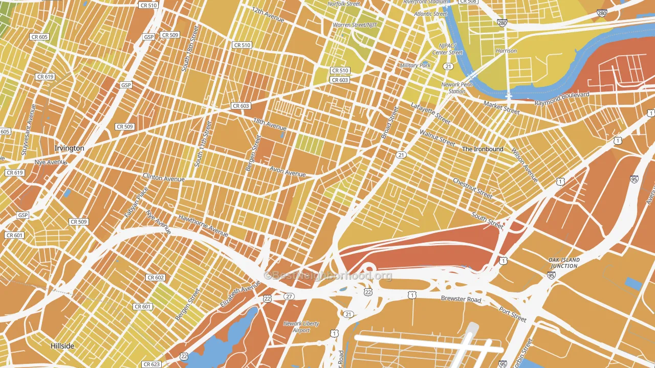 Map of the best neighborhoods in the South Broad Street, Newark area, with better matches in green and worse matches in red