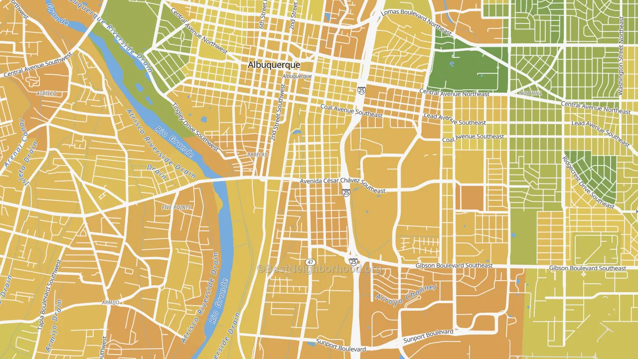 Map of the best neighborhoods in the South Broadway, Albuquerque area, with better matches in green and worse matches in red