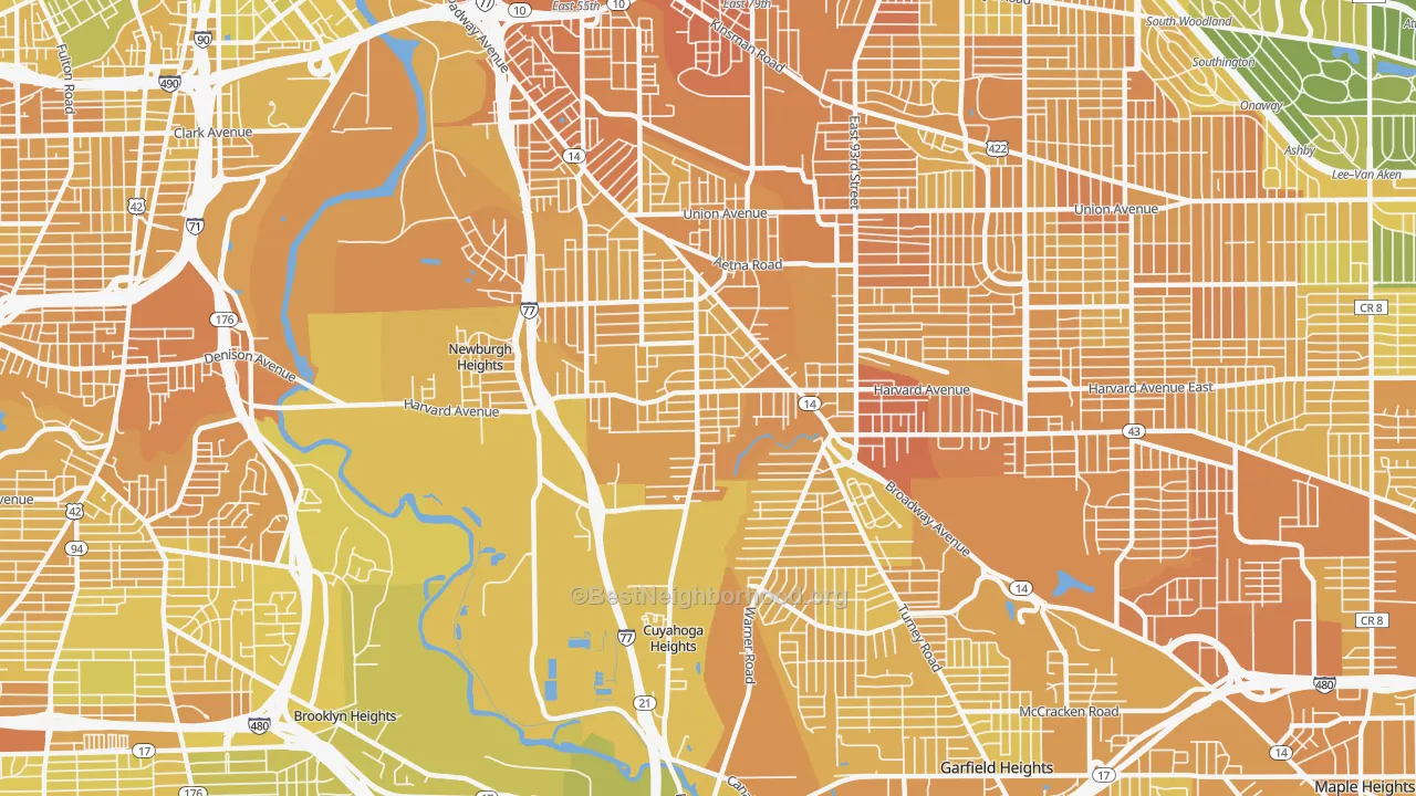 Map of the best neighborhoods in the South Broadway, Cleveland area, with better matches in green and worse matches in red