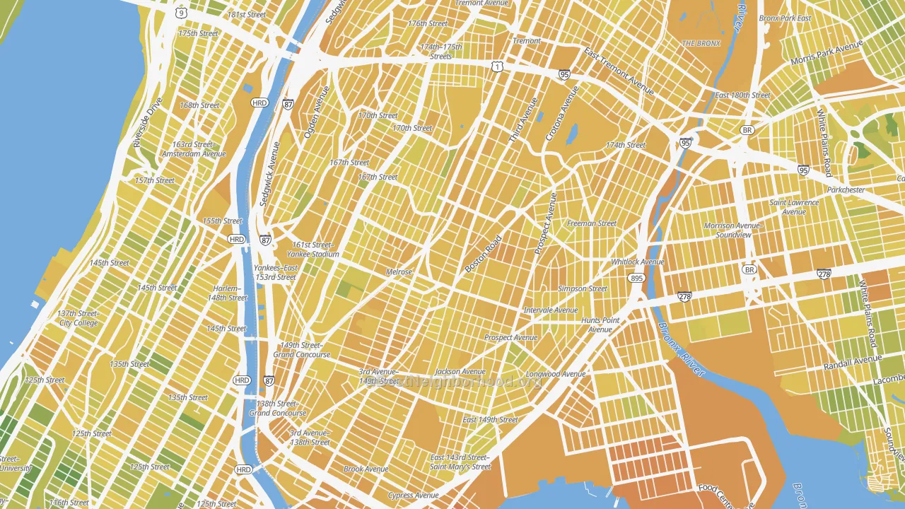 Map of the best neighborhoods in the South Bronx, Bronx area, with better matches in green and worse matches in red