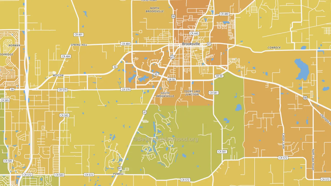 Map of the best neighborhoods in the South Brooksville area, with better matches in green and worse matches in red