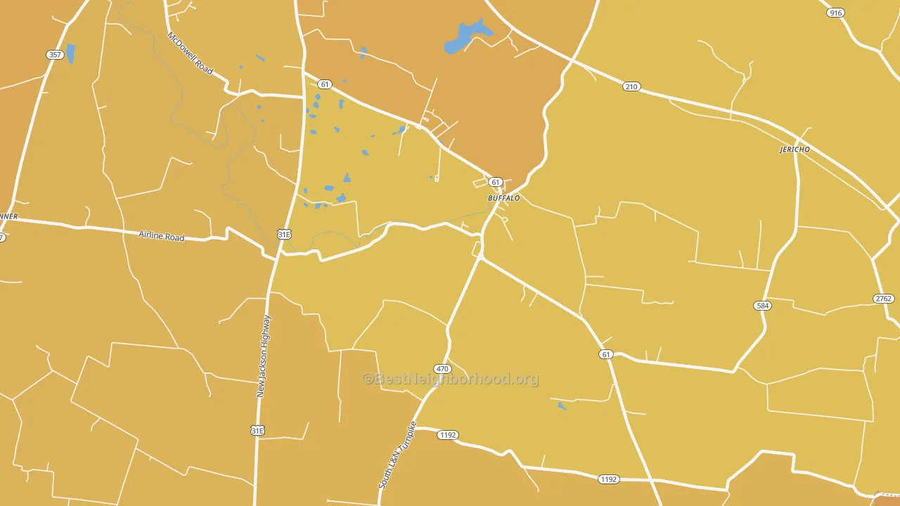 Map of the best neighborhoods in the South Buffalo area, with better matches in green and worse matches in red
