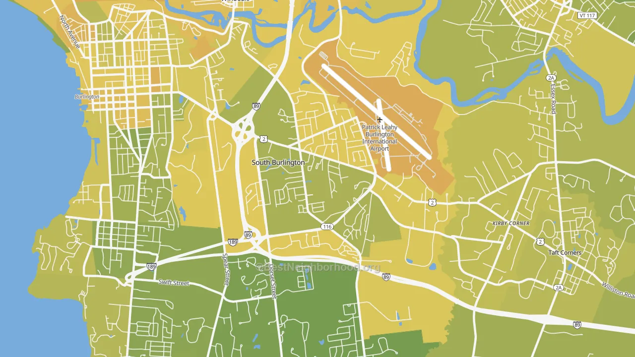 Map of the best neighborhoods in the South Burlington North, South Burlington area, with better matches in green and worse matches in red