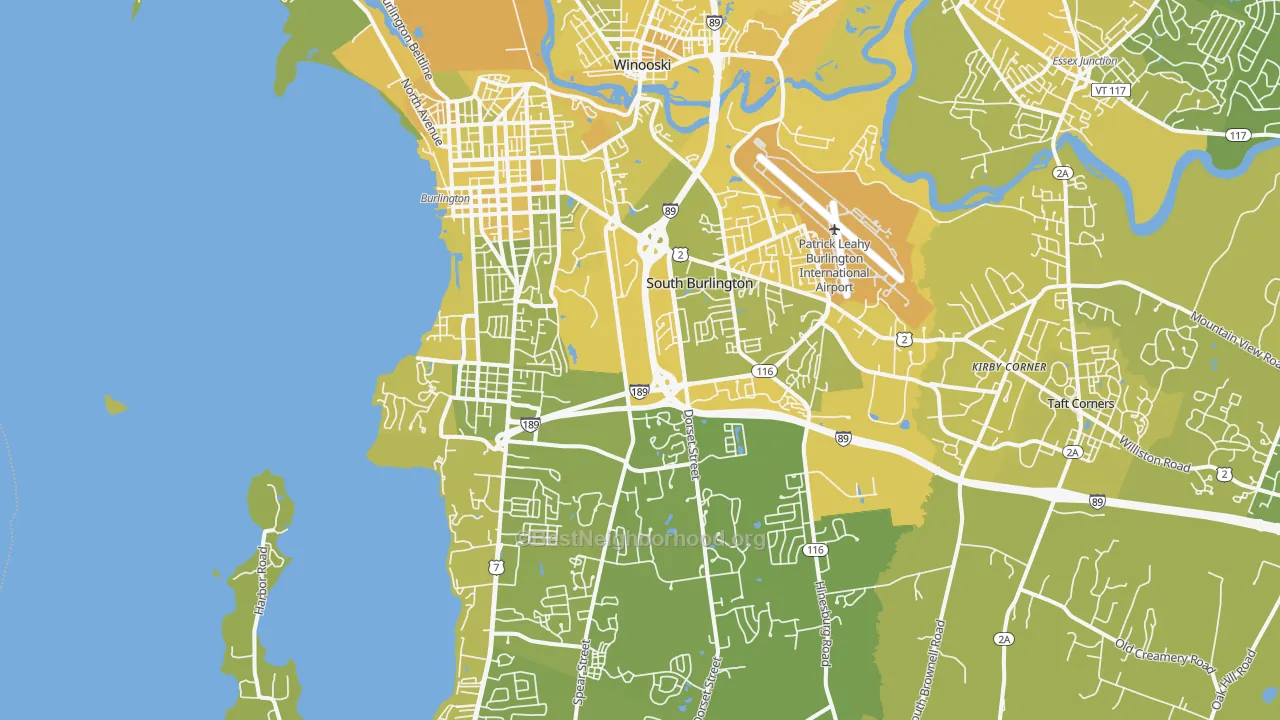 Map of the best neighborhoods in the South Burlington area, with better matches in green and worse matches in red
