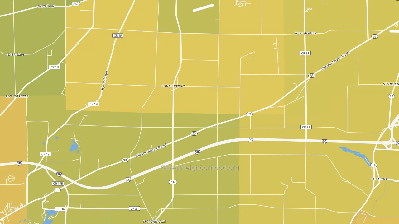 Map of the best neighborhoods in the South Byron area, with better matches in green and worse matches in red