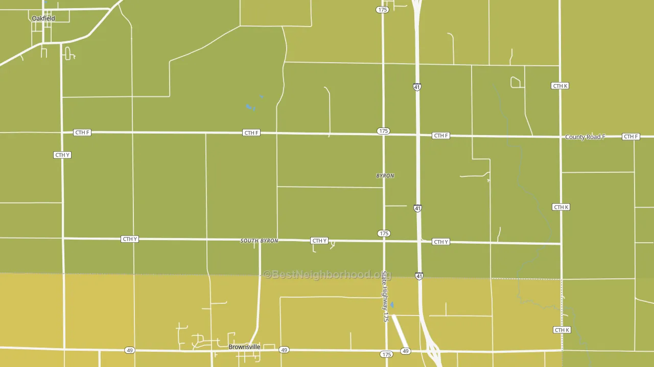 Map of the best neighborhoods in the South Byron area, with better matches in green and worse matches in red