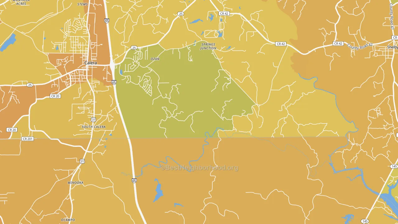 Map of the best neighborhoods in the South Calera area, with better matches in green and worse matches in red