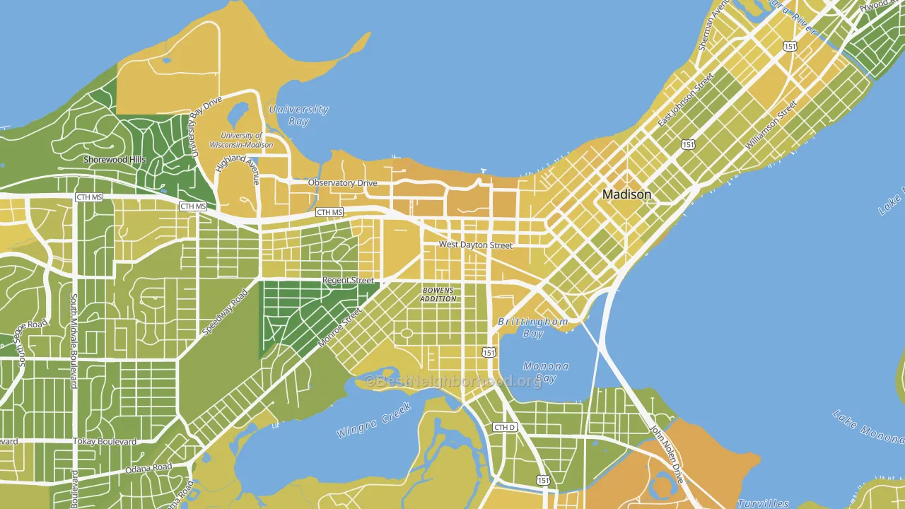 Map of the best neighborhoods in the South Campus, Madison area, with better matches in green and worse matches in red