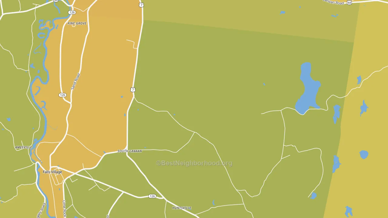 Map of the best neighborhoods in the South Canaan area, with better matches in green and worse matches in red