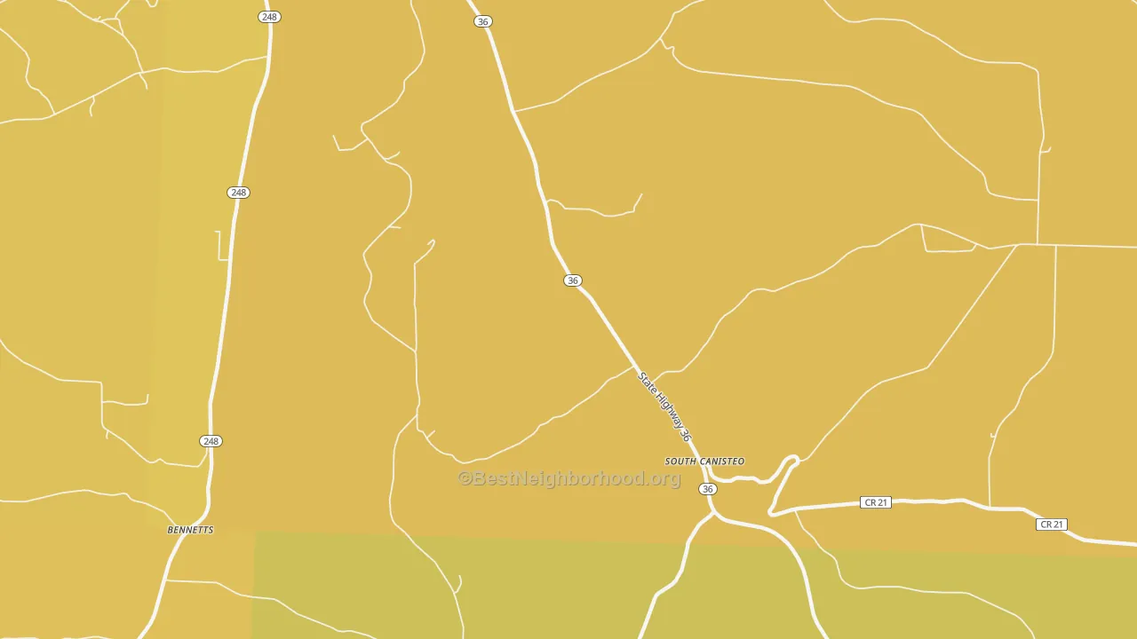Map of the best neighborhoods in the South Canisteo area, with better matches in green and worse matches in red