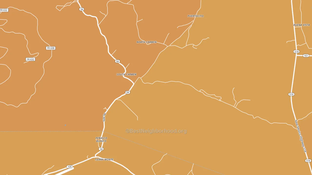 Map of the best neighborhoods in the South Carmen area, with better matches in green and worse matches in red