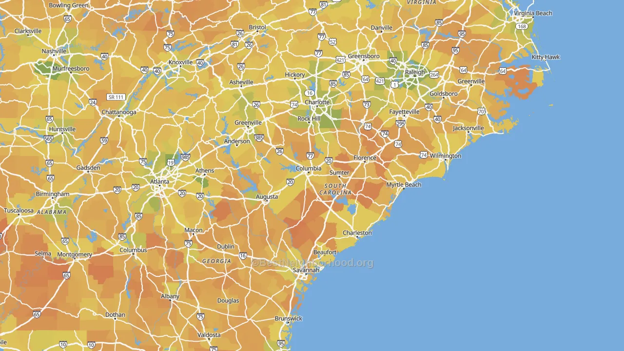 Map of the best neighborhoods in the South Carolina area, with better matches in green and worse matches in red