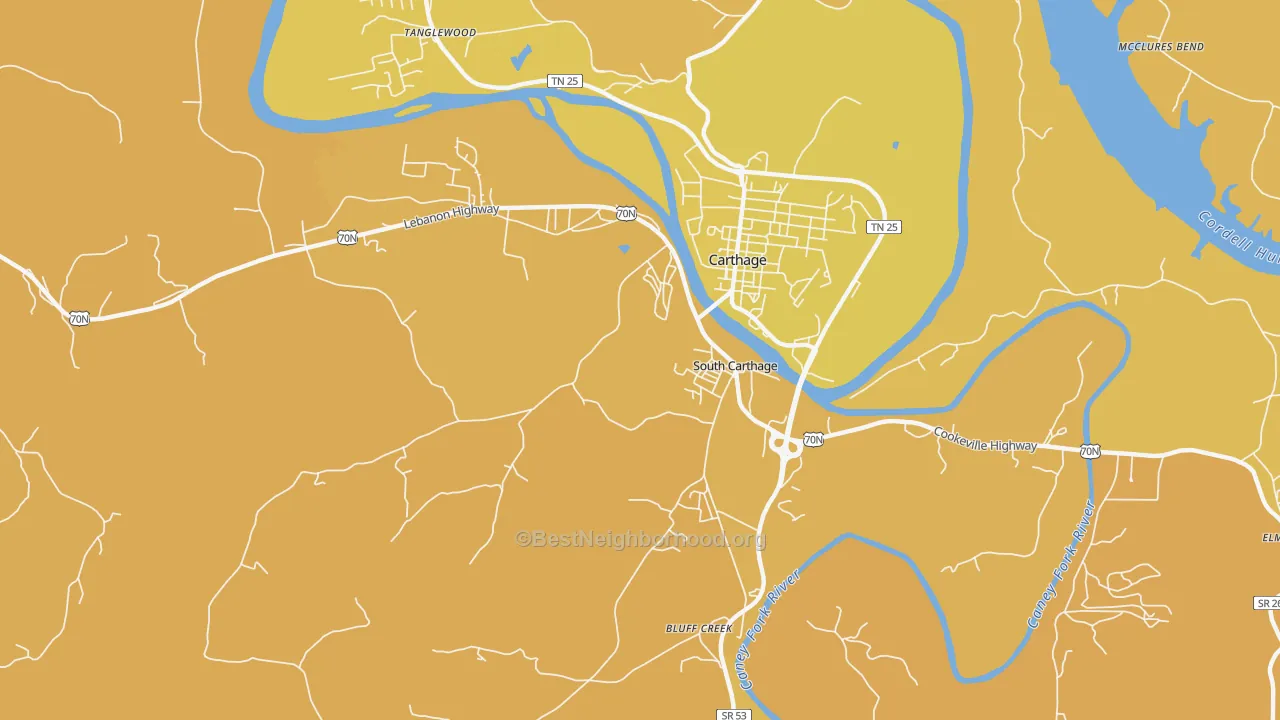Map of the best neighborhoods in the South Carthage area, with better matches in green and worse matches in red
