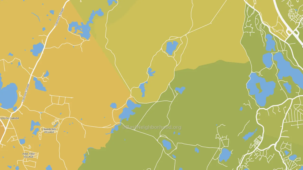 Map of the best neighborhoods in the South Carver area, with better matches in green and worse matches in red