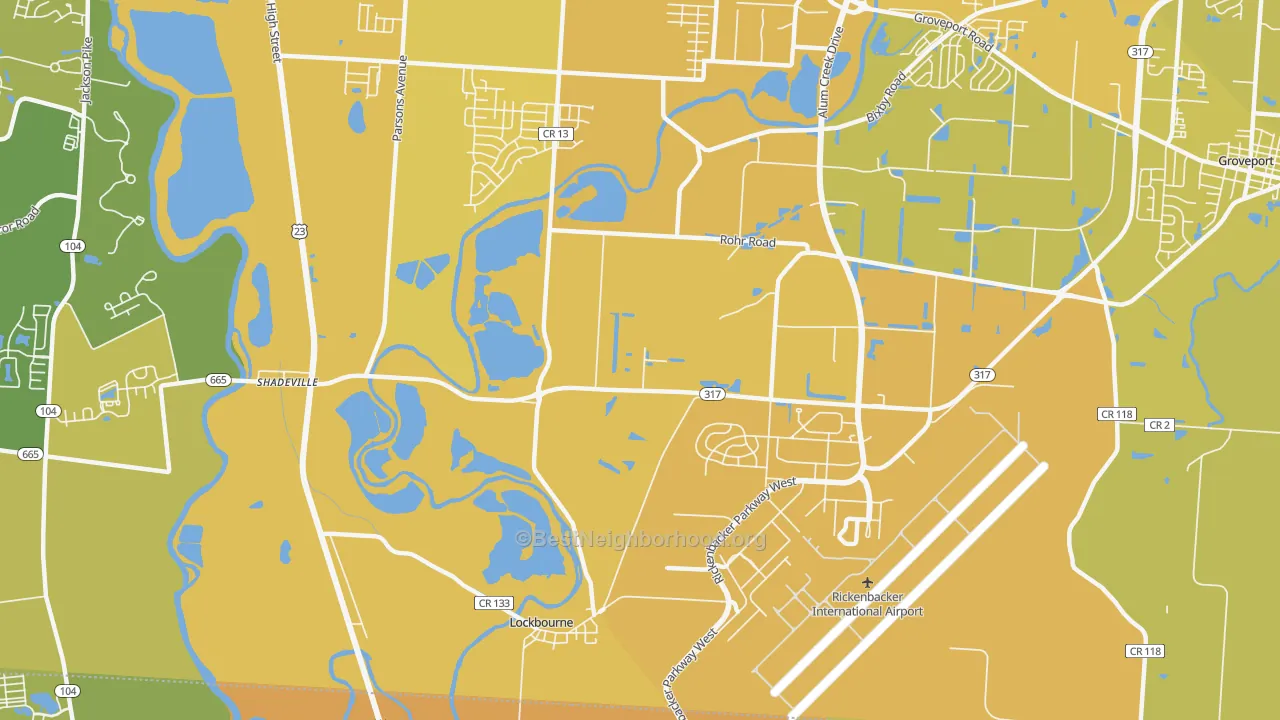 Map of the best neighborhoods in the South Central Accord, Columbus area, with better matches in green and worse matches in red