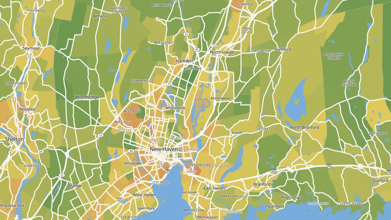 Map of the best neighborhoods in the South Central Connecticut Planning Region area, with better matches in green and worse matches in red