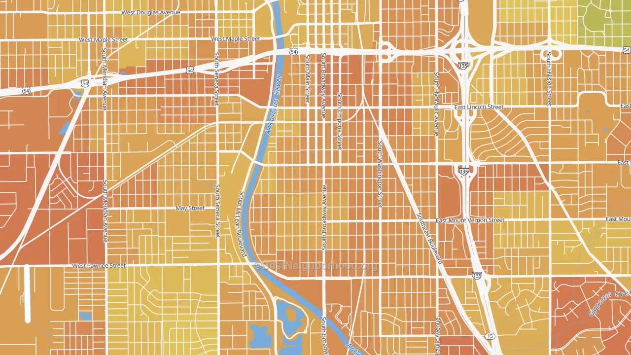 Map of the best neighborhoods in the South Central Improvemen, Wichita area, with better matches in green and worse matches in red