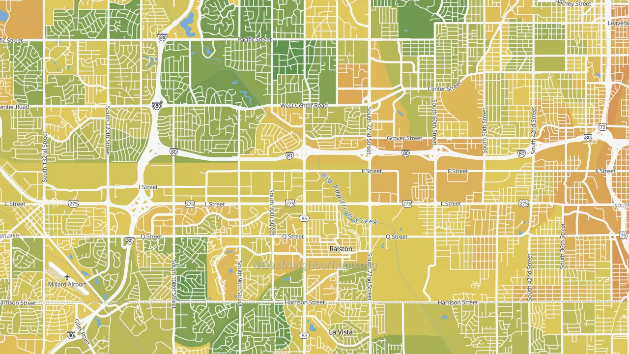 Map of the best neighborhoods in the South Central Omaha, Omaha area, with better matches in green and worse matches in red