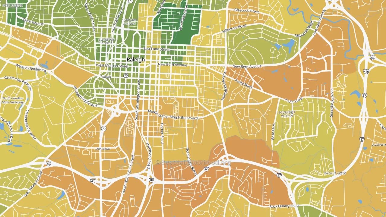 Map of the best neighborhoods in the South Central, Raleigh area, with better matches in green and worse matches in red