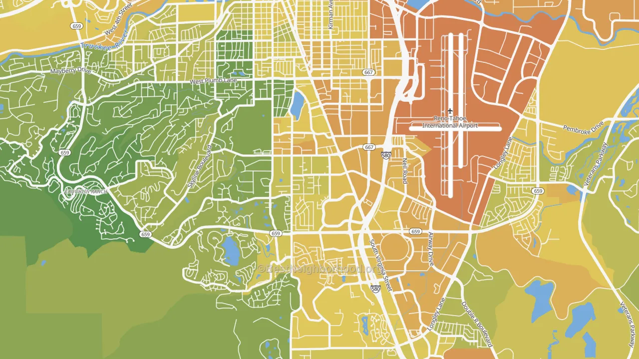 Map of the best neighborhoods in the South Central, Reno area, with better matches in green and worse matches in red
