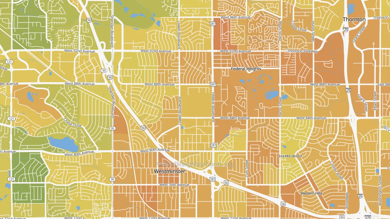 Map of the best neighborhoods in the South Central Westminster, Westminster area, with better matches in green and worse matches in red