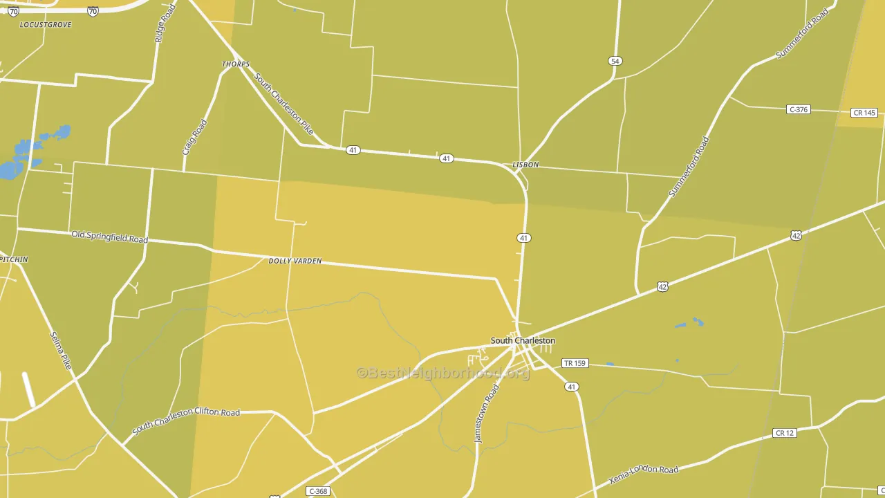 Map of the best neighborhoods in the South Charleston area, with better matches in green and worse matches in red