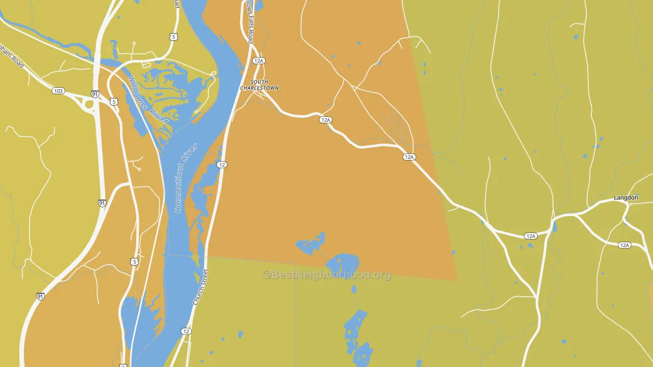 Map of the best neighborhoods in the South Charlestown area, with better matches in green and worse matches in red