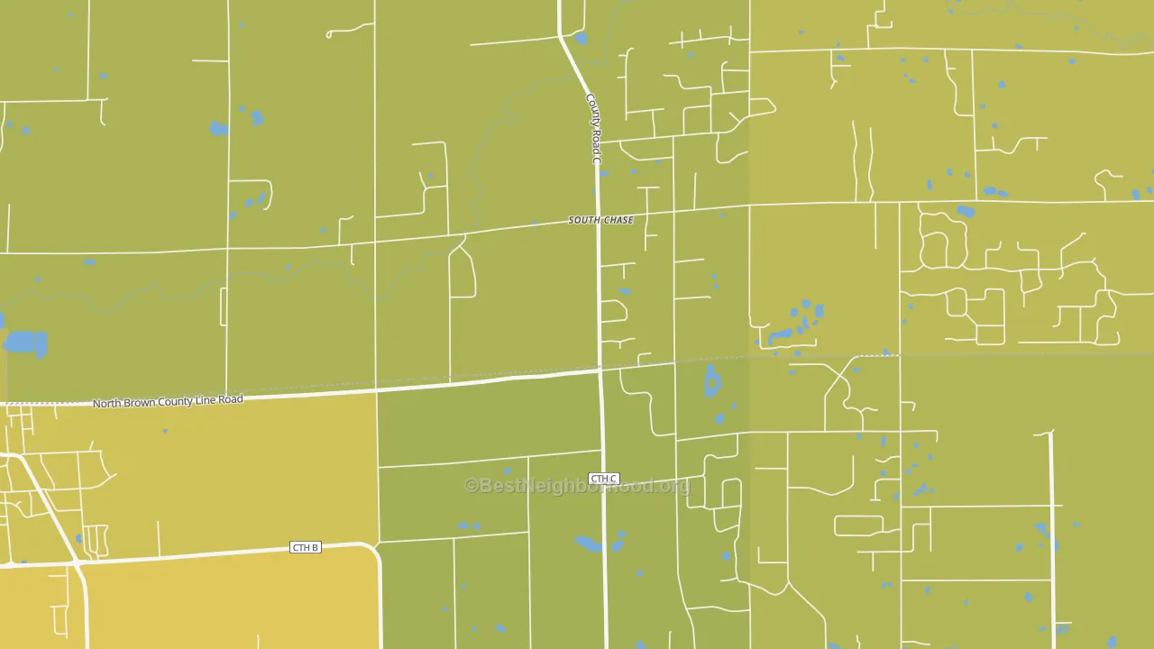 Map of the best neighborhoods in the South Chase area, with better matches in green and worse matches in red