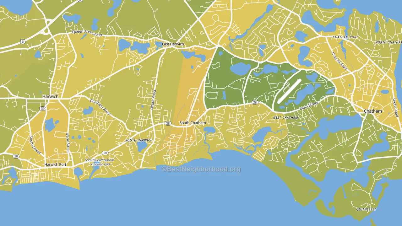 Map of the best neighborhoods in the South Chatham area, with better matches in green and worse matches in red